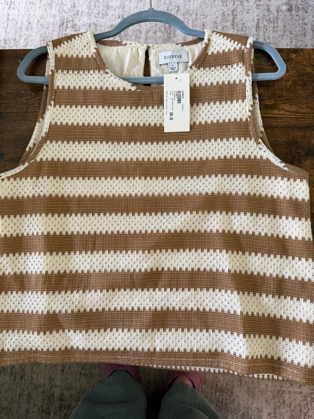 NWT Evereve Bree Striped Crochet Tank Top Brown Cream Size L